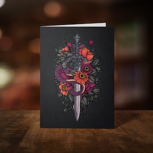 Sword & Serpent - Grußkarte - Dark Floral Sword - Schlange und Blumen Design - Gothic Karte - Fantasy Kunst Karte - Whimsigoth - Dark Nature