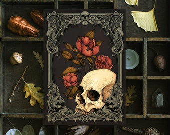 Memento Mori Postcard | Gothic Mini Print | Dark Art | Botanical Art | Still Life | Skull and Flowers | Vintage Style | Gothic Home Decor