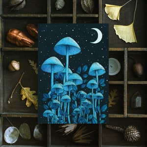 Star Mushrooms Postcard | Witchy Home Decor | Crescent Moon | Mushroom Forest | Magical Wall Art | Enchanted Mushrooms | Gothic Mini Print