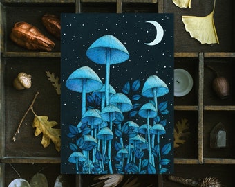 Star Mushrooms Postcard | Witchy Home Decor | Crescent Moon | Mushroom Forest | Magical Wall Art | Enchanted Mushrooms | Gothic Mini Print