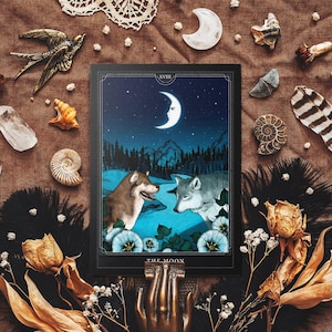 Carte postale du tarot de la lune - Illustration de loup - Nature sombre - Nuit mystique - Papeterie sorcière - Décoration gothique - Lune mystique