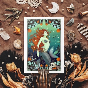 La sirène et le marin carte postale - Illustration nautique gothique - Dark Fantasy Art - Art nouveau - décoration gothique - papeterie vintage