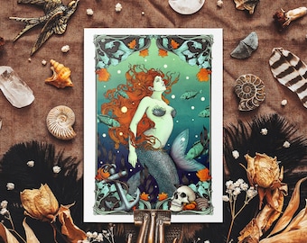 Mermaid & Sailor Art Nouveau Postcard – Gothic Nautical Illustration