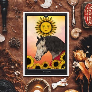 Impression giclée du soleil | Art mural tarot | Décoration d'intérieur sorcière | Céleste | Art spirituel | Illustration de cheval | Dessin tournesol | Sorcellerie