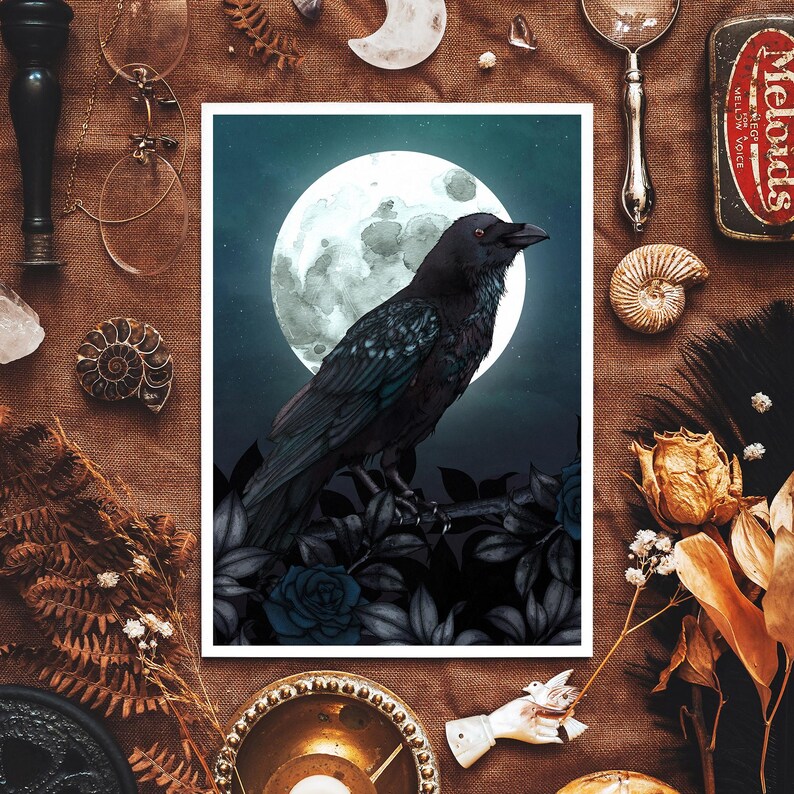 May include: A black raven perched on a branch with blue roses, set against a backdrop of a full moon and a dark, starry sky.