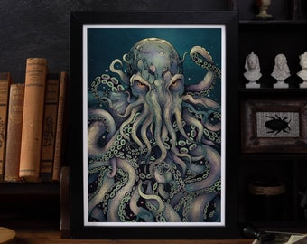 Great Old One | Fine Art Print | Fantasy Art | HP Lovecraft | Cthulhu | Octopus | Nautical Art | Gothic Home Decor | Gamer Gift