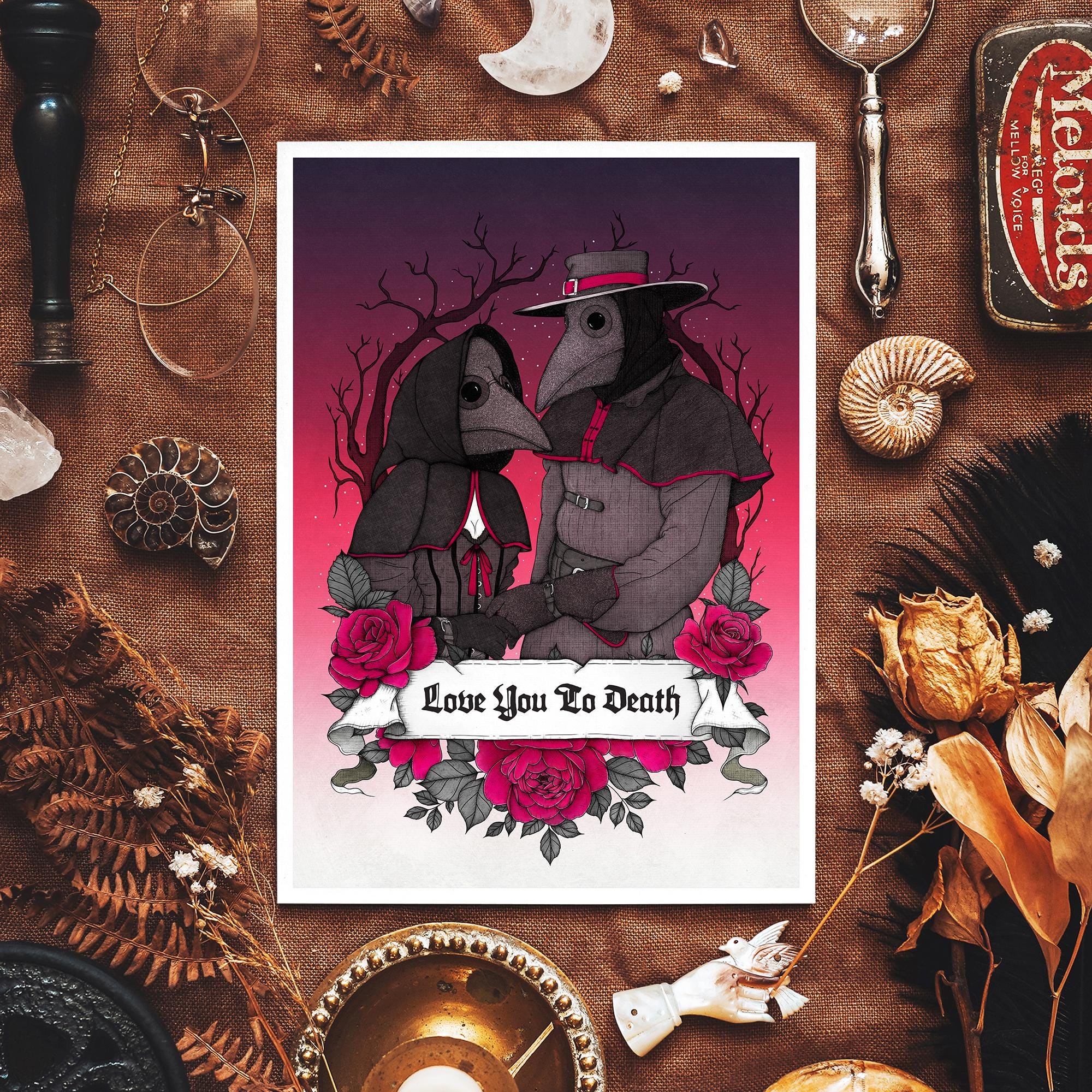 Te amo hasta la muerte / Lámina artística de Doctor de la Peste / Decoración gótica del hogar / San Valentín / Aniversario / Arte romántico / Arte oscuro / Los amantes / Macabro