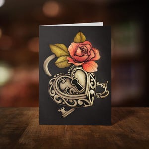 Lover's Lock Grußkarte - Gothic Briefpapier - Dark Romance - Botanische Kunst - Schloss & Schlüssel - Whimsigoth - Vintage Gothic
