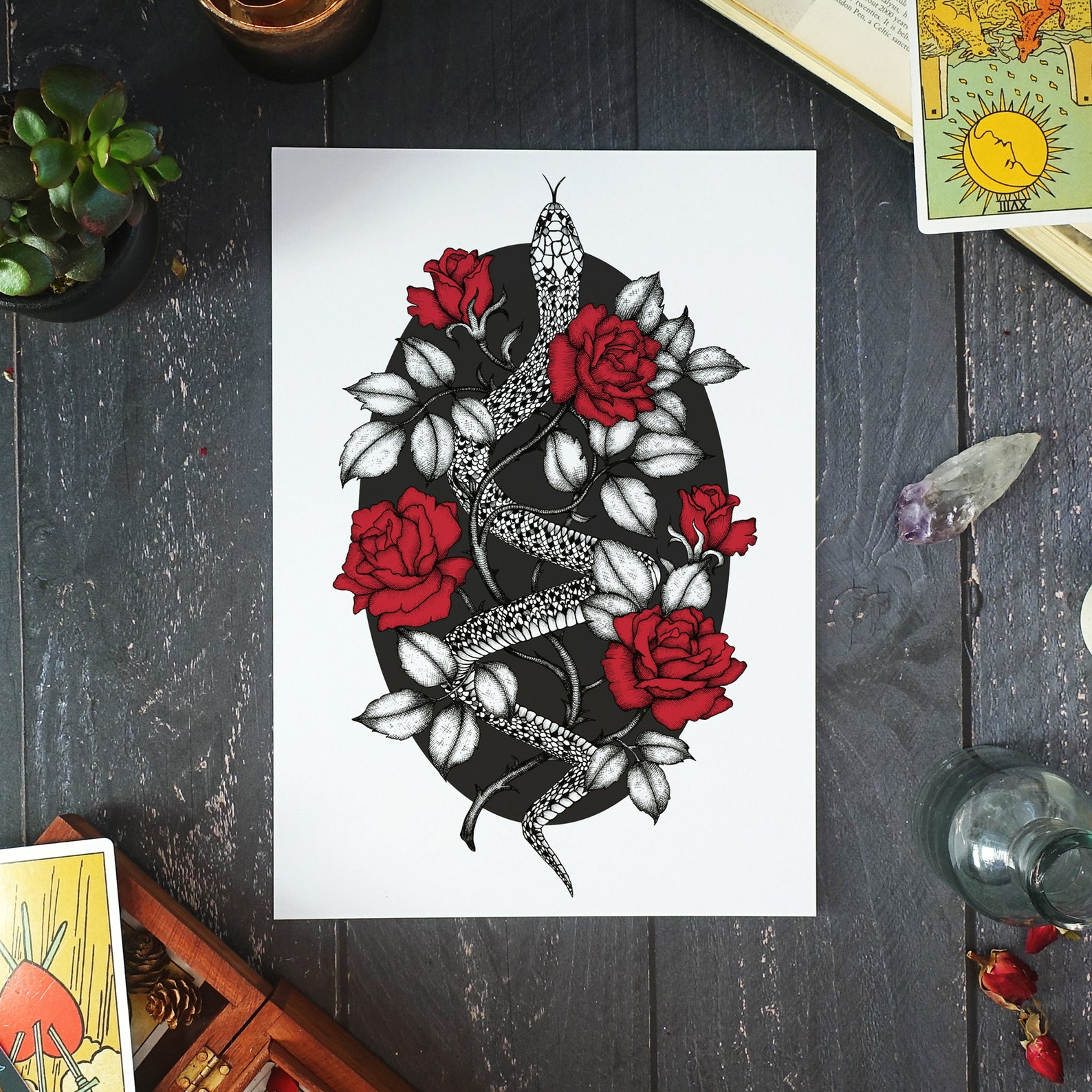 Snake and Roses Art Print Snake Illustration Vintage Etsy