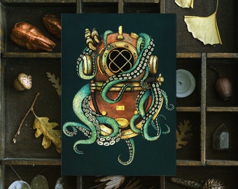 From the Depths Postcard | Vintage Diver Helmet | Horror Art | Gothic Home Decor | Lovecraft | Nautical Art | Tentacle Illustration