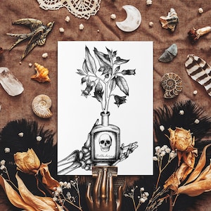Belladonna Postkarte - Gotische botanische Illustration - dunkle Natur Grafik - makabre Skeletthand - witchy Dekor, gotische Kunst - Whimsigoth