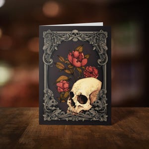 Memento Mori Grußkarte - Gothic Briefpapier - Dunkle Kunst - Botanische Kunst - Schädel und Blumen - Whimsigoth Art