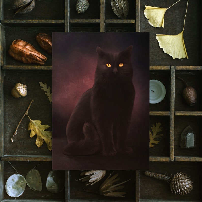 Black Shadow Cat Postcard Mini Art Print Witchy Decor Gothic Stationery Cat Wall Art Gothic Home Decor British Shorthair image 1