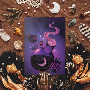 Zaubertrank Postkarte - Mystisch Mond - Gothic Witchy Illustration - Dunkle Magie - Mondrosen - Lila Postkarte - Witchy Briefpapier
