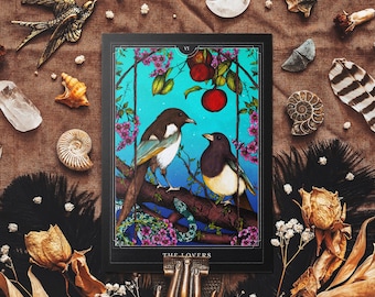 The Lovers Tarot Postcard – Gothic Magpies, Witchy Art