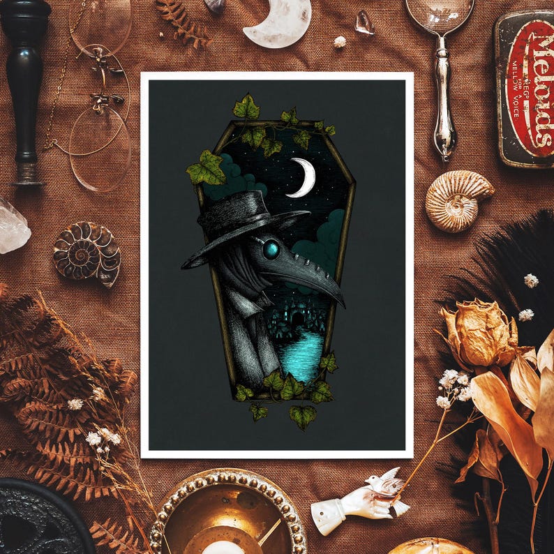 May include: A black and white illustration of a plague doctor standing in a coffin. The doctor is wearing a long black coat and a mask with a long beak. The coffin is surrounded by green ivy. The background is a dark blue night sky with a crescent moon.