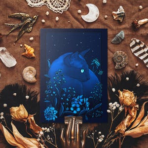 Starlight Cat Postkarte - Mystische Nachtkatze Illustration - Florale Kunst - Hexenhaftes Dekor - Dark Fantasy - Gothic Wohndekor - Gothic Schreibwaren
