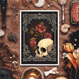 May include: A black and white illustration of a skull with a floral arrangement of red roses in a decorative frame. The skull is positioned to the right of the flowers, with its eye sockets facing the viewer. The frame is ornate and features intricate details.