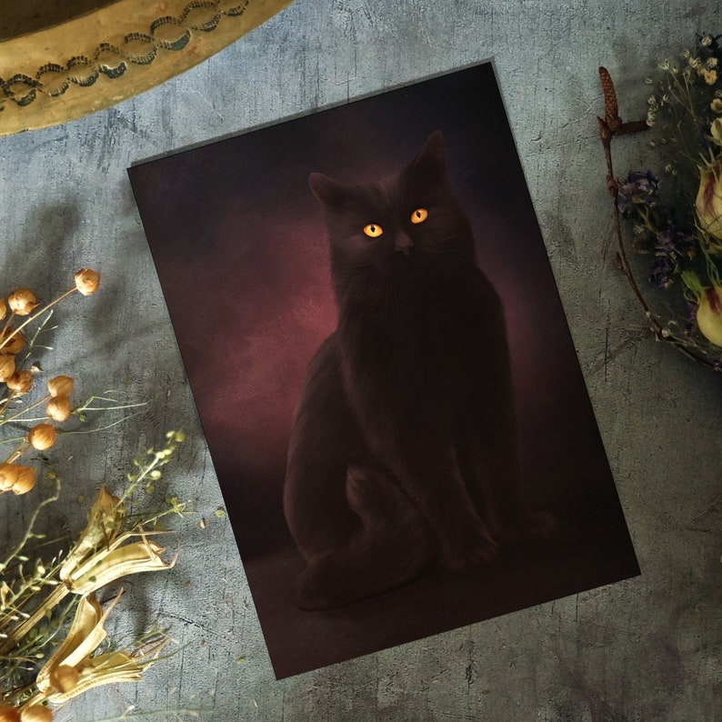 Black Shadow Cat Postcard Mini Art Print Witchy Decor Gothic Stationery Cat Wall Art Gothic Home Decor British Shorthair image 5