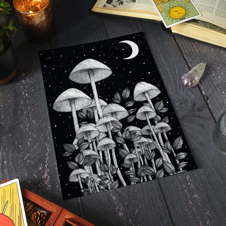 Star Mushrooms Art Print Witchy Home Decor Crescent Moon Mushroom Forest Magical Wall Art Enchanted Mushrooms Gothic Decor image 3