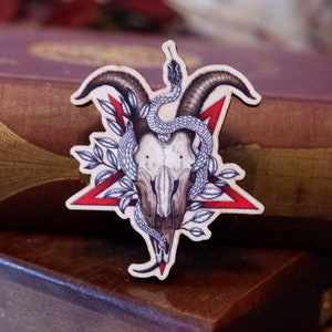 Goat Skull Wooden Pin | Snake, Pentagram, Occult Badge