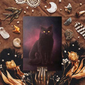 Schatten Katze Postkarte - Gothic Katze Illustration - Mystische Katze Kunst - Dark Fantasy - Gothic Wohndekor - Vintage Kunst