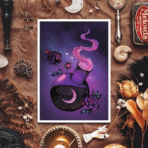 May include: A purple glass bottle with a crescent moon inside, filled with a swirling purple liquid and topped with a purple smoke plume. The bottle is surrounded by purple roses and a starry night sky.