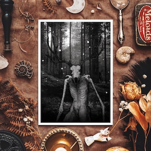 May include: A black and white illustration of a skeletal creature with antlers standing in a dark forest. The creature has a long, thin body and a skull-like head. The forest is filled with trees and bushes, and there are small white lights scattered throughout the scene.