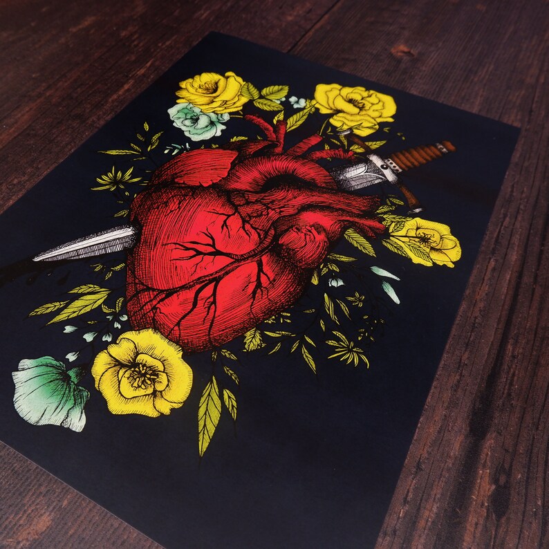 Bleeding Anatomical Heart Art Print Heart and Dagger Etsy