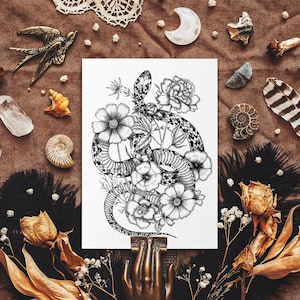 Blumen Schlange Postkarte - Gothic Natur Illustration - Dunkle botanische Kunst - Schwarz und Weiß - Witchy Briefpapier - Whimsigoth - Schlange