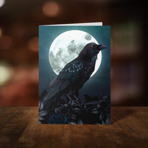 Rabe und Mond Grußkarte - Gothic Briefpapier - Mondkind - Rabenvogel Illustration - Vogelliebhaber Karte - Krähen Kunst - Whimsigoth