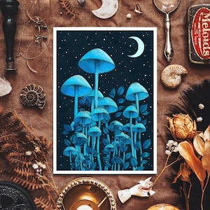 May include: A digital illustration of a group of blue mushrooms growing in a forest at night. The mushrooms are glowing in the moonlight, and there are stars in the sky.