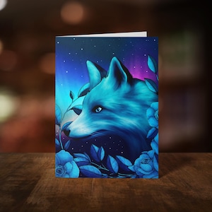 Carte de voeux Aurora Fox - Aurora Borealis - Art céleste - Art botanique - Carte sorcière - Renard bleu - Capricieux - Sorcière de l'hiver