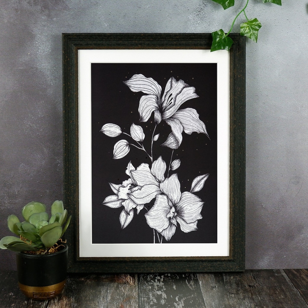 Orchids Foil Art Print Black and White Orchid Illustration - Etsy