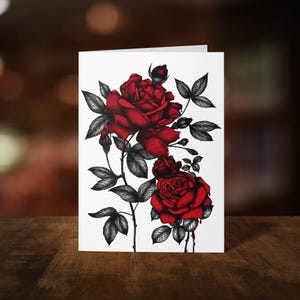 Roses qui saignent - carte de voeux - art floral gothique - illustration romantique sombre - amour macabre - roses rouges - gothique vintage - fantaisie