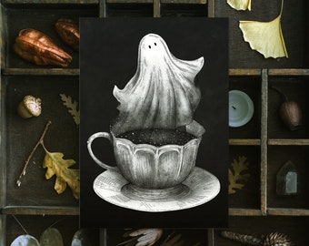 Ghost Tea Postcard | Mini Print | Ghost in a Teacup | Halloween Art | Gothic Home Décor | Creepy Cute | Spooky Illustration | Spoopy Ghost