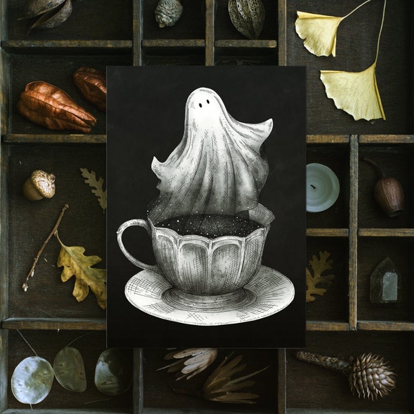 Ghost Tea Postcard | Mini Print | Ghost in a Teacup | Halloween Art | Gothic Home Décor | Creepy Cute | Spooky Illustration | Spoopy Ghost