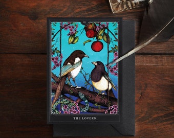 The Lovers Tarot Greeting Card | Valentines Card | Tarot Card | Magpie Illustration | Two for Joy | Witchy Card | Gothic Stationery