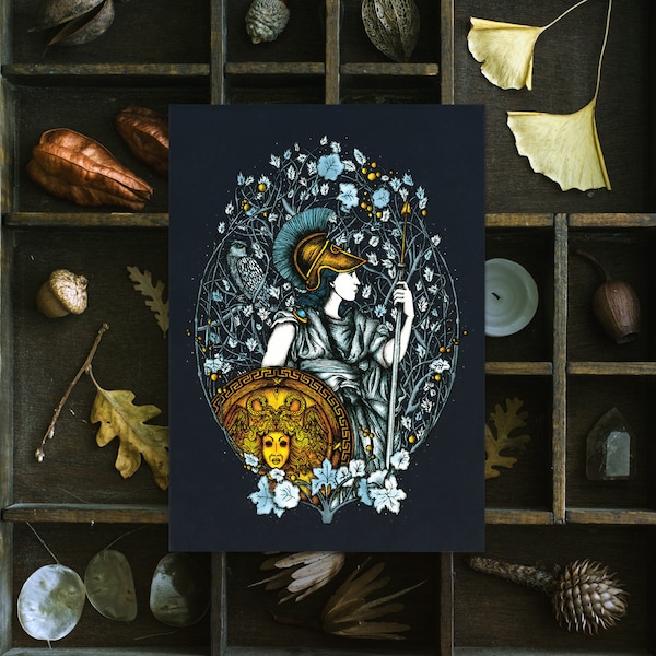 Goddess Athena Postcard | Athena Mini Print | Greek Mythology and Gods Illustration | Mythical and Fantasy Wall Art | Pagan Home Decor