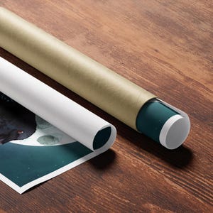 May include: A rolled up print of a black raven perched on a crescent moon against a dark teal background with white stars. The print is rolled up in a brown cardboard tube.
