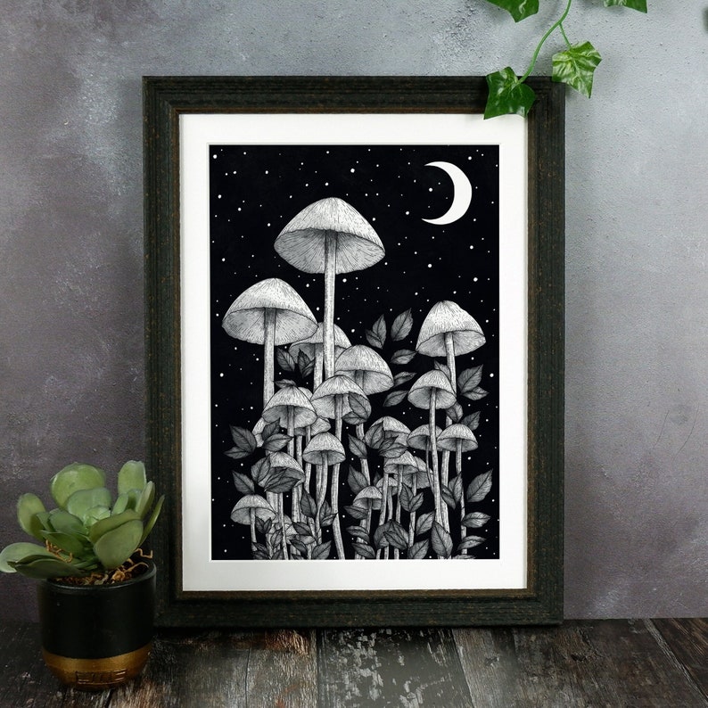 Star Mushrooms Art Print Witchy Home Decor Crescent Moon Mushroom Forest Magical Wall Art Enchanted Mushrooms Gothic Decor image 1