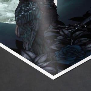 May include: A dark blue bird perched on a branch with a blue rose and leaves. The bird is in the foreground and the moon is in the background.