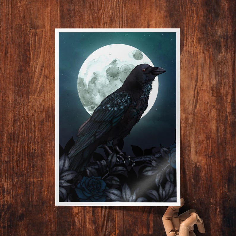 May include: A black raven perched on a branch with blue roses, silhouetted against a full moon in a dark blue night sky.