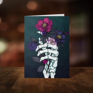 Skeleton Hand Greeting Card - Hellebores Illustration - Gothic Stationery - Memento Mori - Dark Art - Whimsigoth - Dark Botanical Art