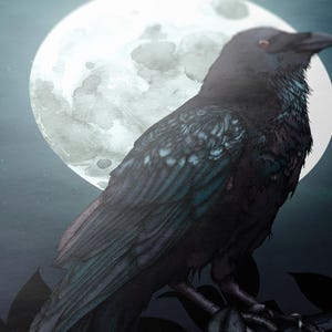 May include: A black raven with blue-grey feathers perched on a branch against a backdrop of a large, white moon with a watercolour-like texture.