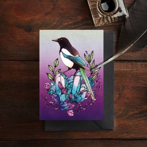 Crystal Magpie Greeting Card | Magpie Illustration | Crystal Magic | Crystal Greeting Card | Botanical Art | Occult Art | Witchy Stationery