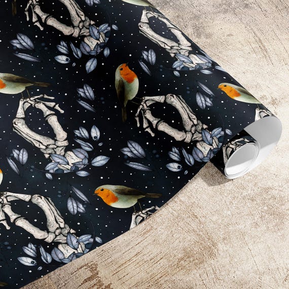 Skeleton & Robin Gift Wrap | Gothic Christmas Wrapping Paper