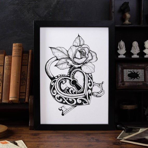 Lover's Lock Digital Art Print Gothic Home Decor Heart Lock Lock and Key  Tattoo Wall Art Vintage Heart and Rose Ornate Lock - Etsy