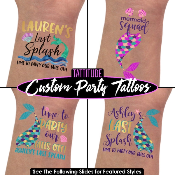 Mermaid Bachelorette Party Tattoos | Mermaid Squad, Trading My Tail for a Veil, Time to Party Our Tails Off, Last Splash, beach bach, favors