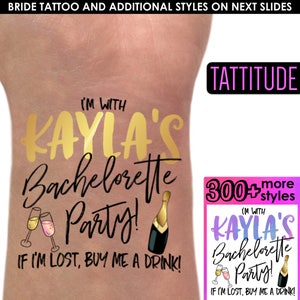 Personalized Bachelorette Tattoos | team bride tattoos, bridal party tattoos, if lost buy me a drink, custom brides name temporary tattoos